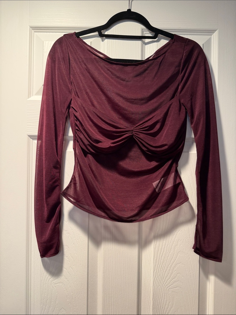 Edikted Burgundy Long Sleeve Twist-Front Mesh Top